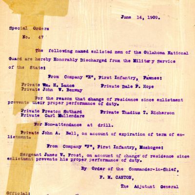 Special Order #47 Headquarters Oklahoma National Guard-1909