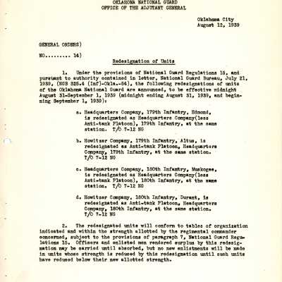 General Order #14 Headquarters Oklahoma National Guard-1939