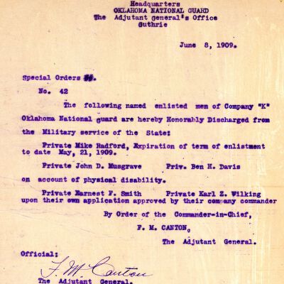 Special Order #42 Headquarters Oklahoma National Guard-1909