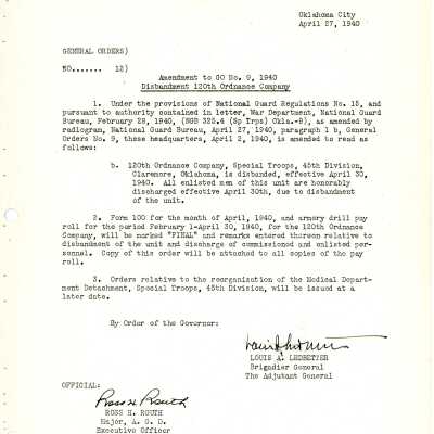 General Order #12 Headquarters Oklahoma National Guard-1940