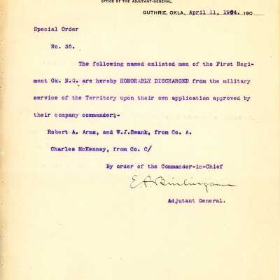 Special Order #35 Headquarters Oklahoma National Guard-1904