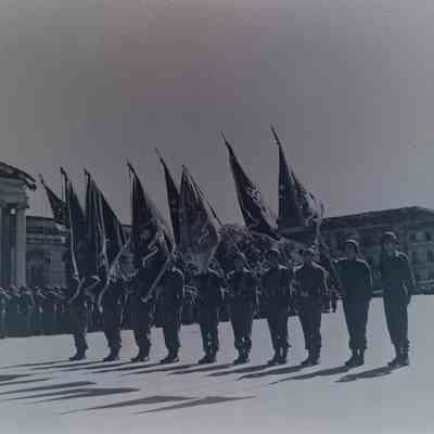 Soldiers with flags standing at attention