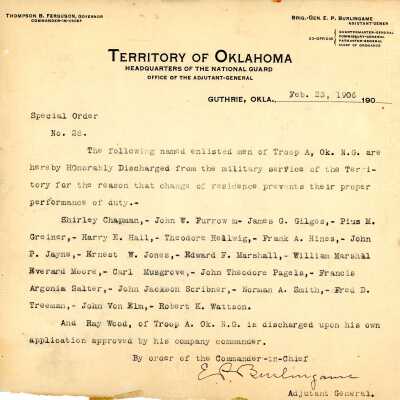 Special Order #28 Headquarters Oklahoma National Guard-1906