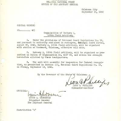General Order #40 Headquarters Oklahoma National Guard-1940