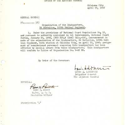 General Order #13 Headquarters Oklahoma National Guard-1940