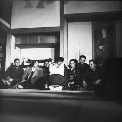 Soldiers and Japanese civilians at a tea ceremony