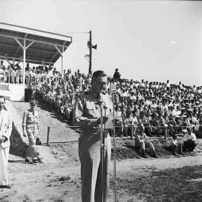 General Styron addressing crown at track athletics event