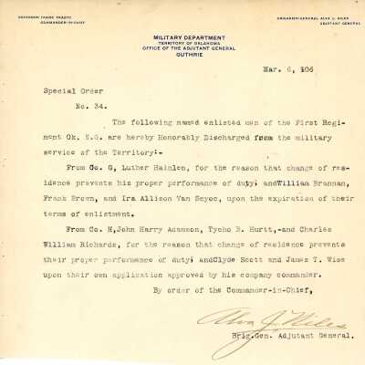 Special Order #34 Headquarters Oklahoma National Guard-1906
