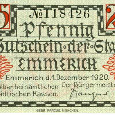 German City of Emmerich Twenty-Five Pfennig Notgeld-1920