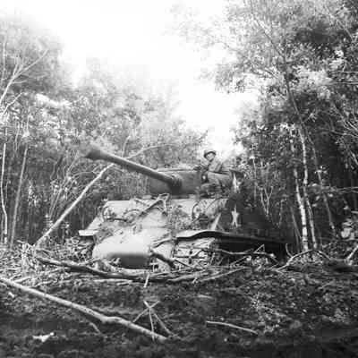 Soldier riding on a tank as it moves through trees