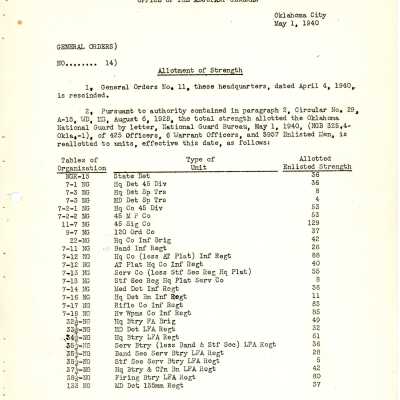 General Order #14 Headquarters Oklahoma National Guard-1940