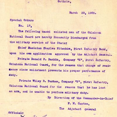 Special Order #17 Headquarters Oklahoma National Guard-1909
