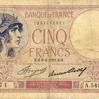 French Five Francs Type 1917 Violet-1933