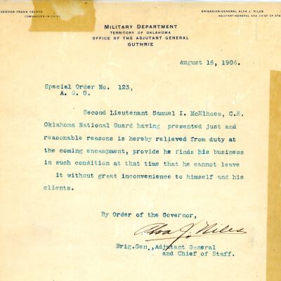 Special Order #123 Headquarters Oklahoma National Guard-1906