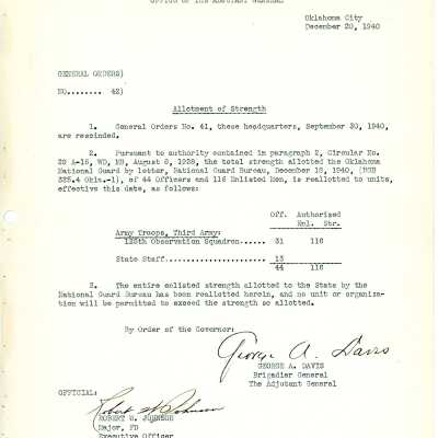 General Order #42 Headquarters Oklahoma National Guard-1940