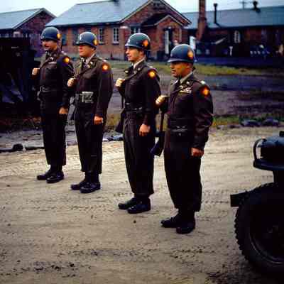 Officers standing at attention with rifles