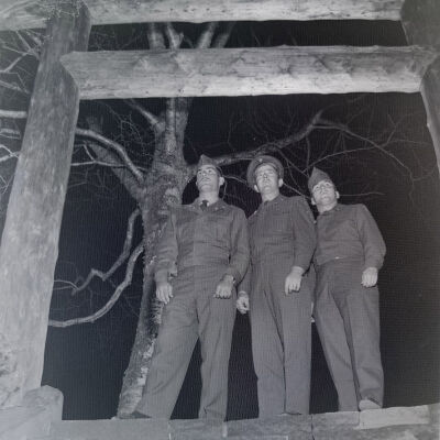Three soldiers in a Japanese garden