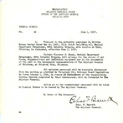 General Order #13 Headquarters Oklahoma National Guard-1927