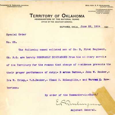 Special Order #65 Headquarters Oklahoma National Guard-1904