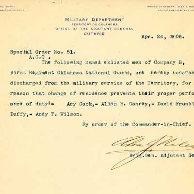 Special Order #51 Headquarters Oklahoma National Guard-1906