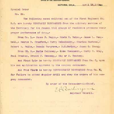 Special Order #39 Headquarters Oklahoma National Guard-1904