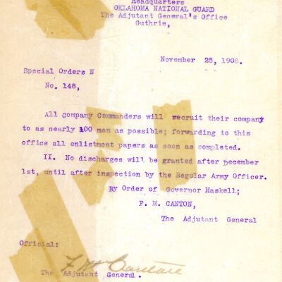 Special Order #148 Headquarters Oklahoma National Guard-1908