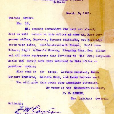 Special Order #13 Headquarters Oklahoma National Guard-1909