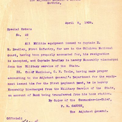 Special Order #22 Headquarters Oklahoma National Guard-1909