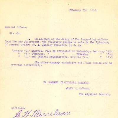Special Order #16 Headquarters Oklahoma National Guard-1908