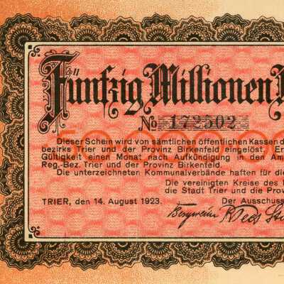 German Districts of Birkenfeld and Trier Fifty Million Mark Notgeld