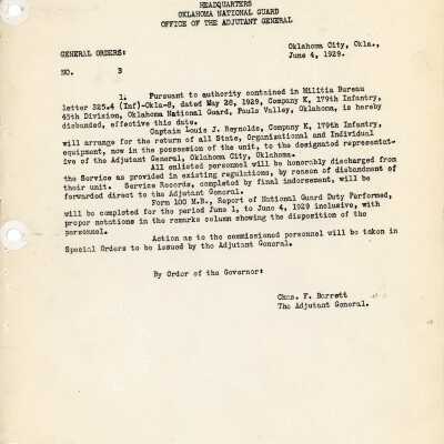 General Order #3 Headquarters Oklahoma National Guard-1929