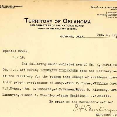 Special Order #19 Headquarters Oklahoma National Guard-1906
