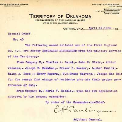 Special Order #40 Headquarters Oklahoma National Guard-1904