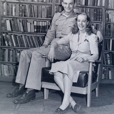 Portrait of a soldier with an Army Library Service woman