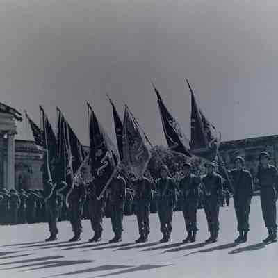 Soldiers with flags standing at attention