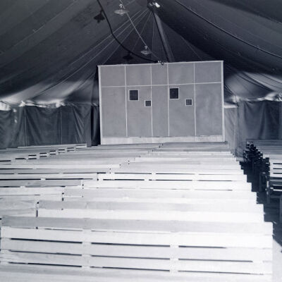 Movie projection booth inside a tent
