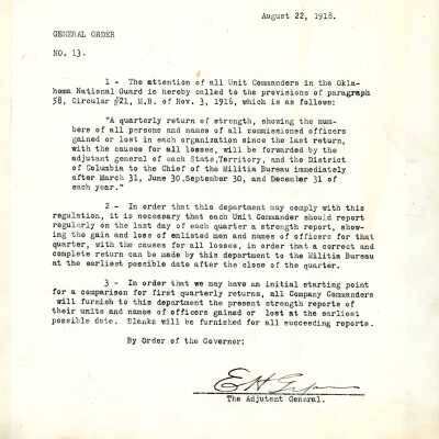 General Order #13 Headquarters Oklahoma National Guard-1918