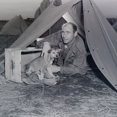 Soldier in a pup tent with a puppy