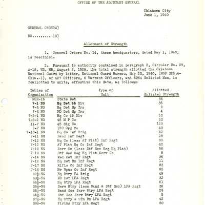 General Order #19 Headquarters Oklahoma National Guard-1940