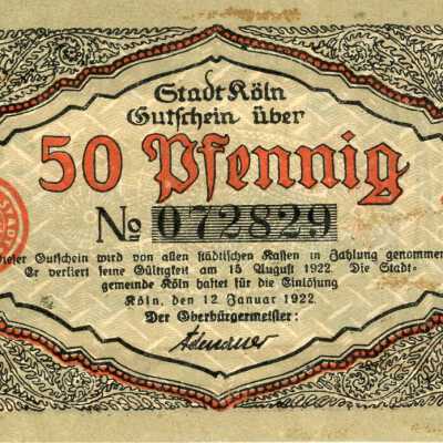 German City of Cologne Fifty Pfennig Notgeld-1922