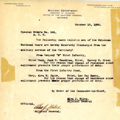 Special Order #141 Headquarters Oklahoma National Guard-1906