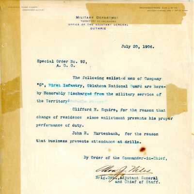 Special Order #92 Headquarters Oklahoma National Guard-1906