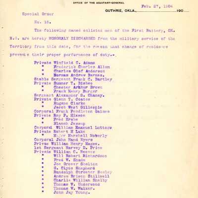 Special Order #18 Headquarters Oklahoma National Guard-1904