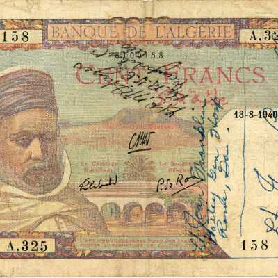 Algerian One Hundred Francs Type 1938 "Head" Watermark