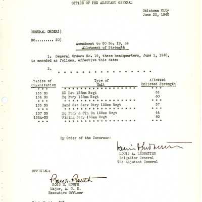 General Order #20 Headquarters Oklahoma National Guard-1940