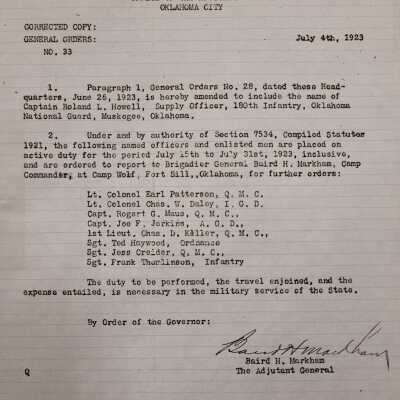 General Order #33 Corrected Copy Headquarters Oklahoma National Guard-1923