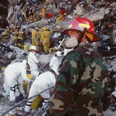Soldier stands in front of Murrah Building Rubble