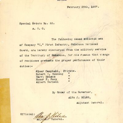 Special Order #22 Headquarters Oklahoma National Guard-1907