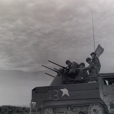 Gunnery practice by a crew in a Quad-50 caliber half-track