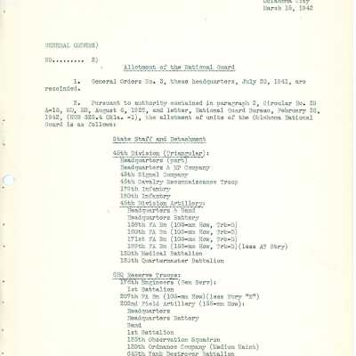 General Order #2 Headquarters Oklahoma National Guard-1942